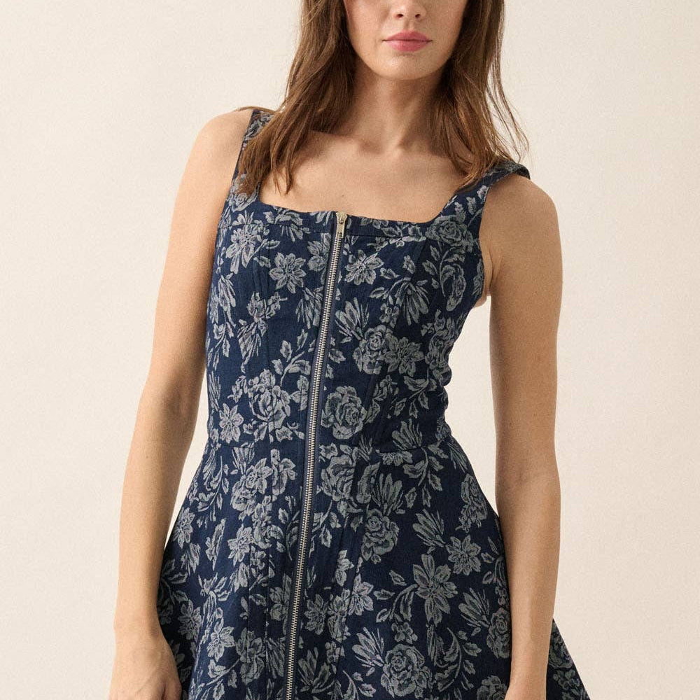 
                      
                        Floral Jacquard Denim Zip-Up Corset Mini Dress
                      
                    