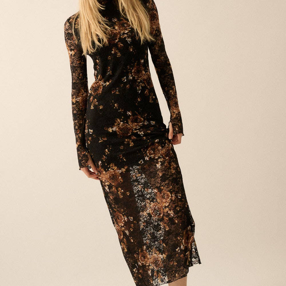 
                      
                        Floral-Print Lace Mock-Neck Long-Sleeve Midi Dress
                      
                    