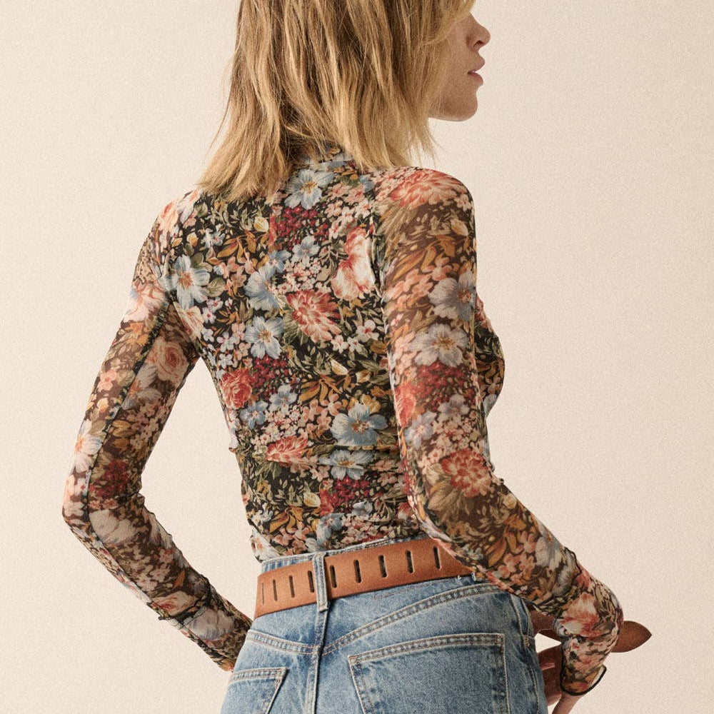 
                      
                        Floral Mesh Mock Neck Top
                      
                    