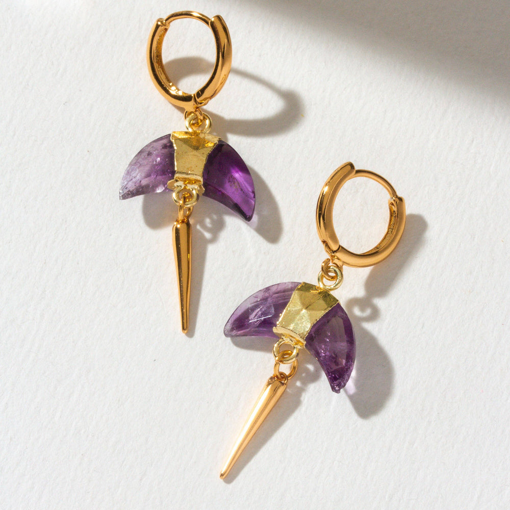 Crescent Horn Spike Huggie Hoop Earrings - Amethyst