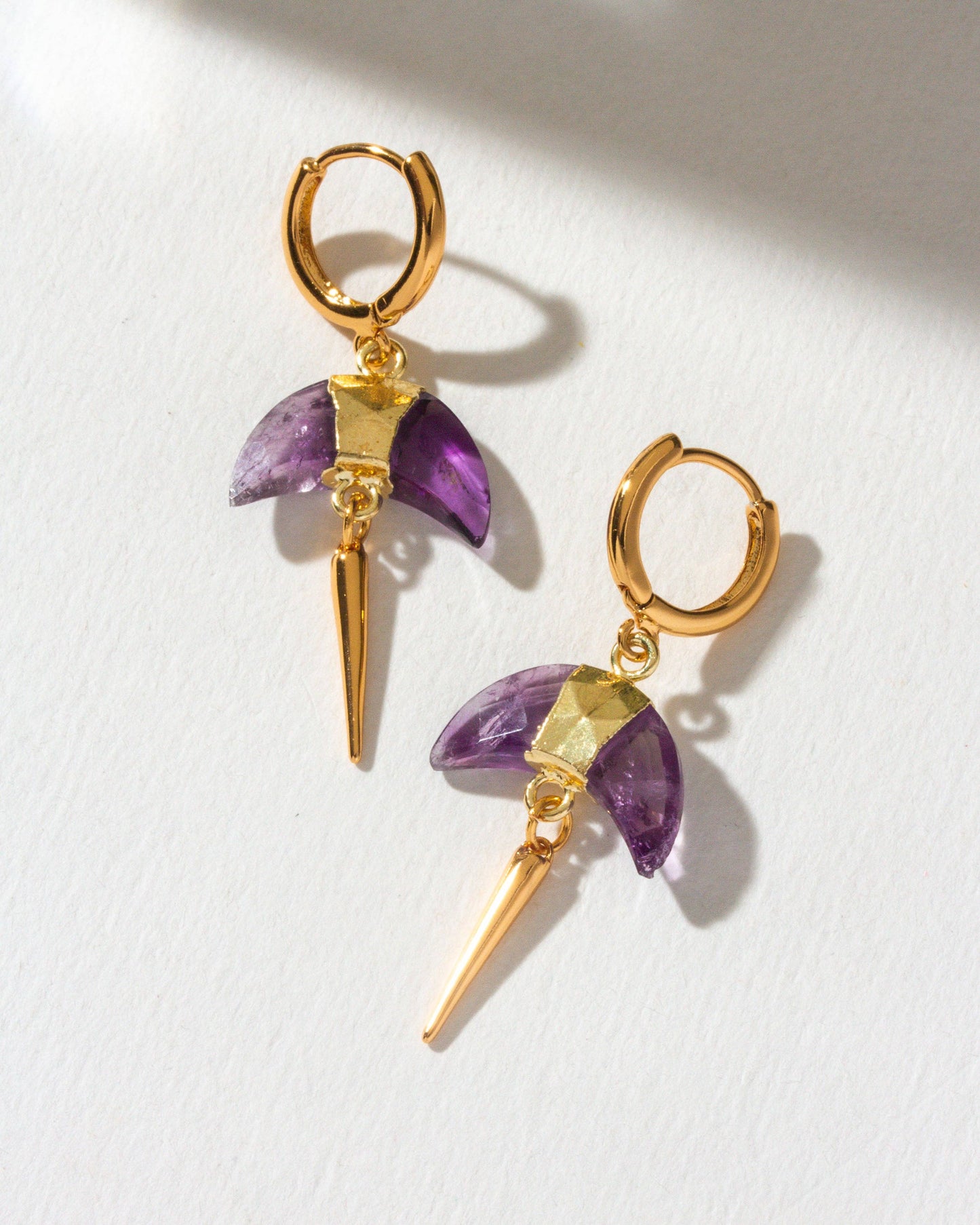 Crescent Horn Spike Huggie Hoop Earrings - Amethyst