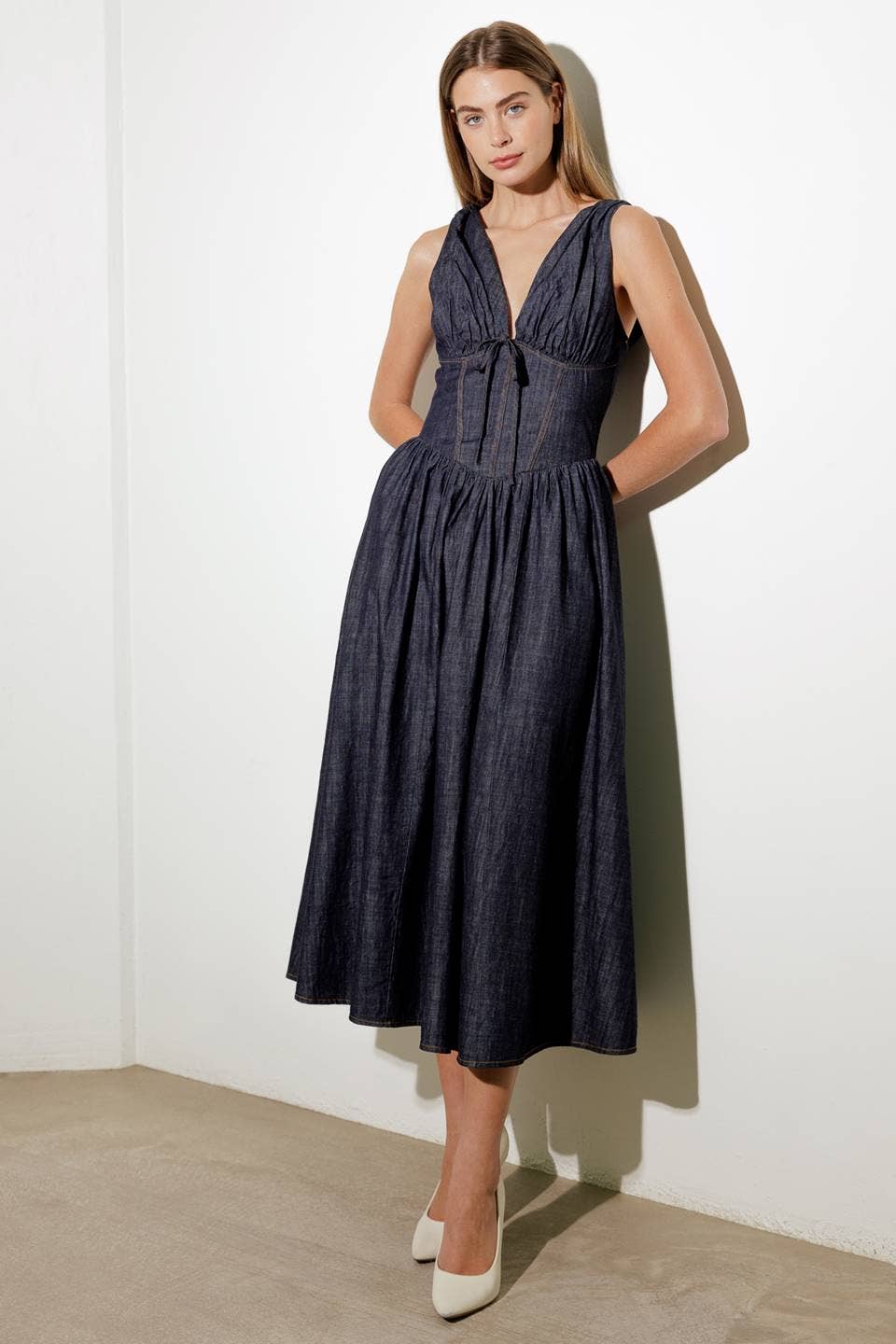 Dark Denim Plunge Midi Dress