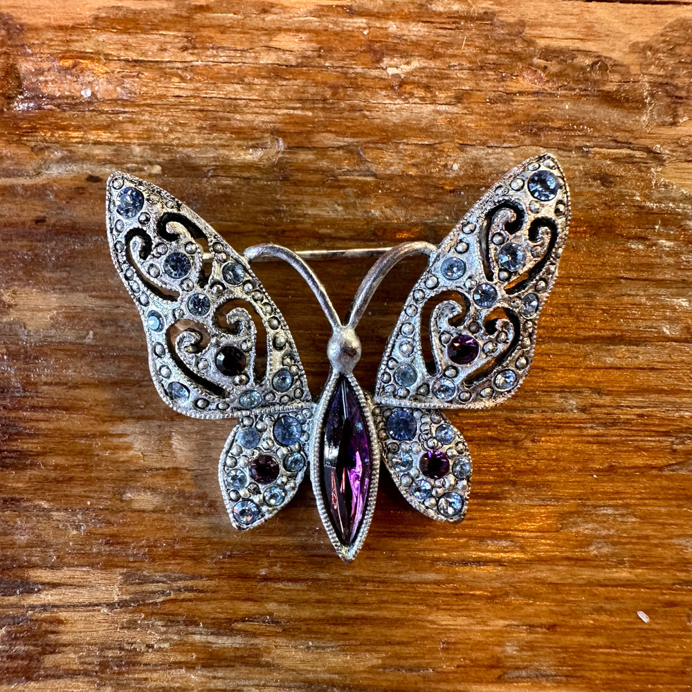 Vintage silver, purple rhinestone, butterfly brooch