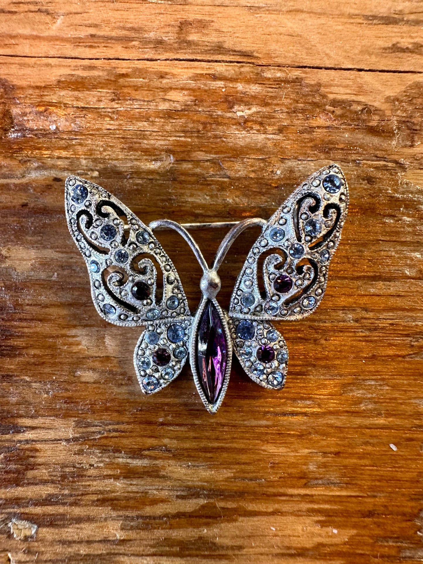 Vintage silver, purple rhinestone, butterfly brooch