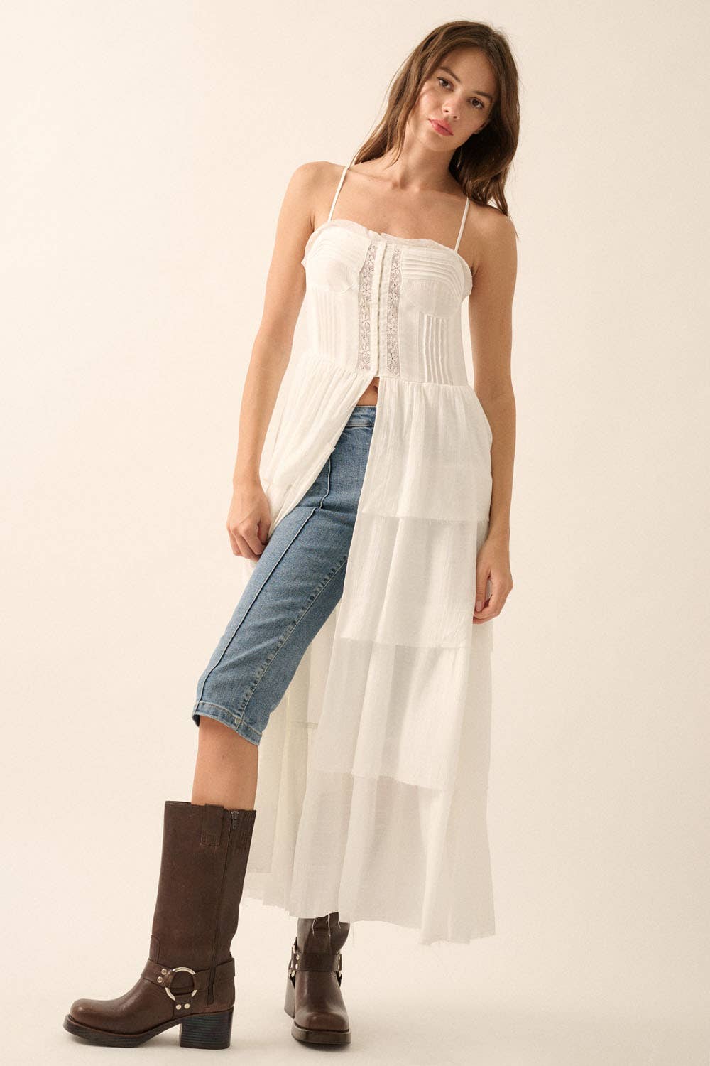 Solid Tiered Ruffle Corset Layering Maxi Top