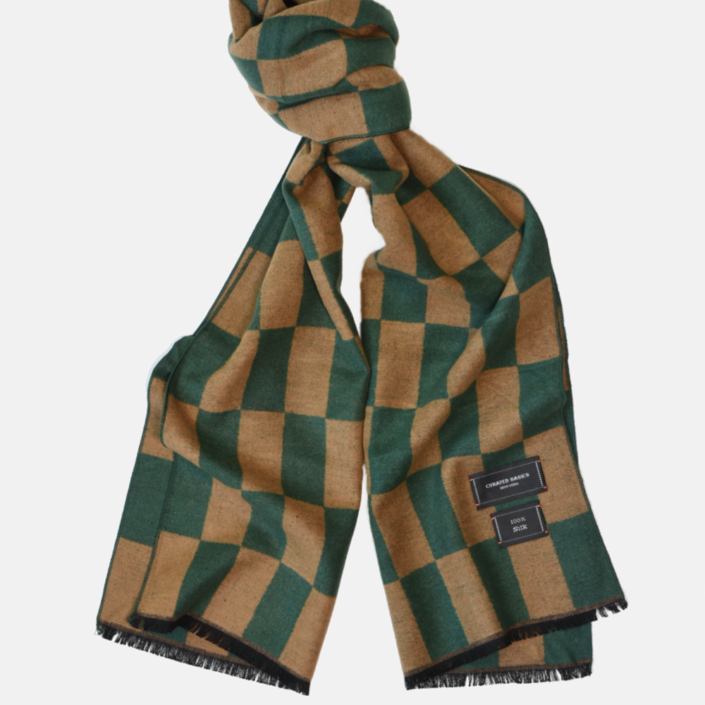 Camel and Green Check Silk Scarf