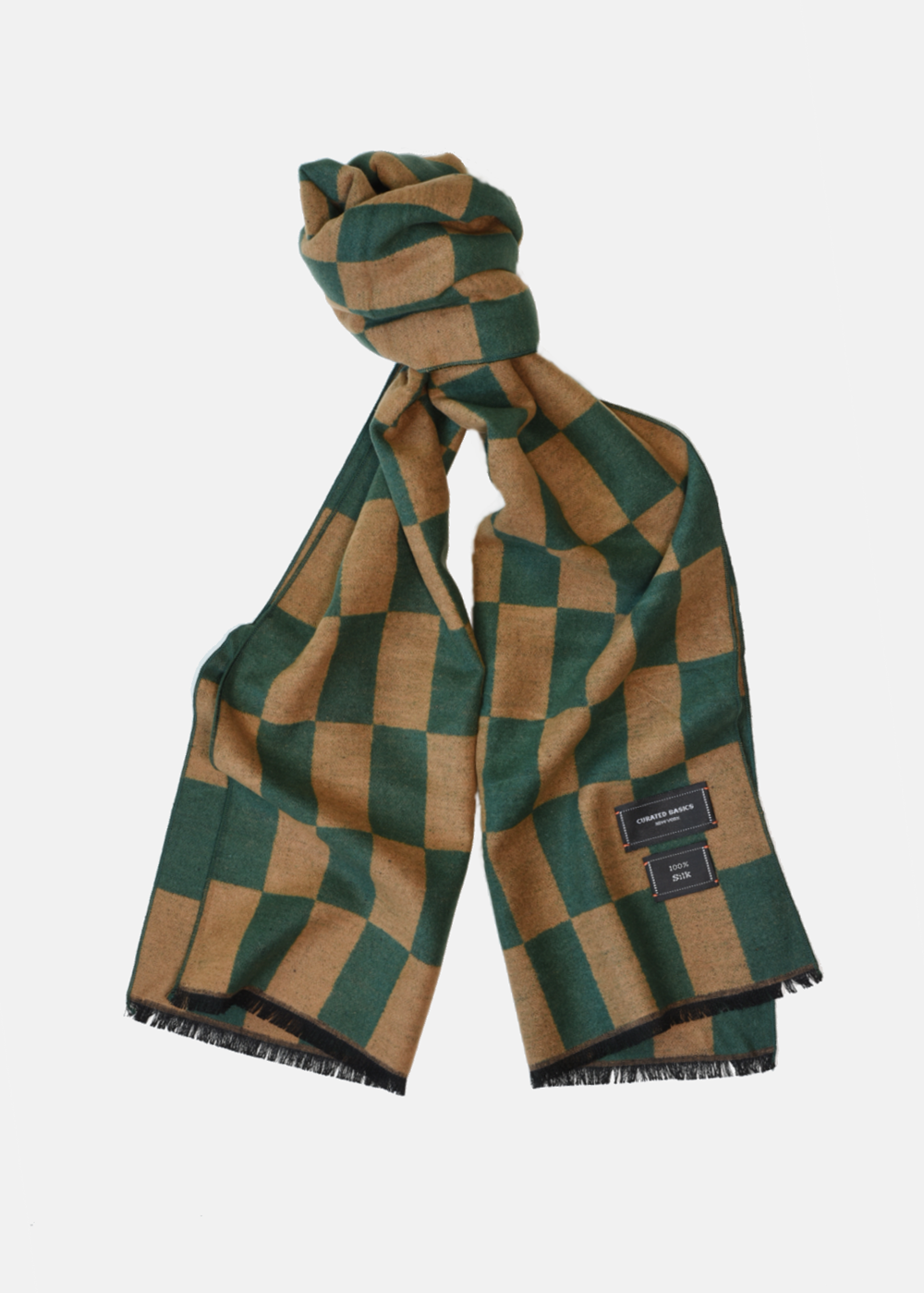 Camel and Green Check Silk Scarf