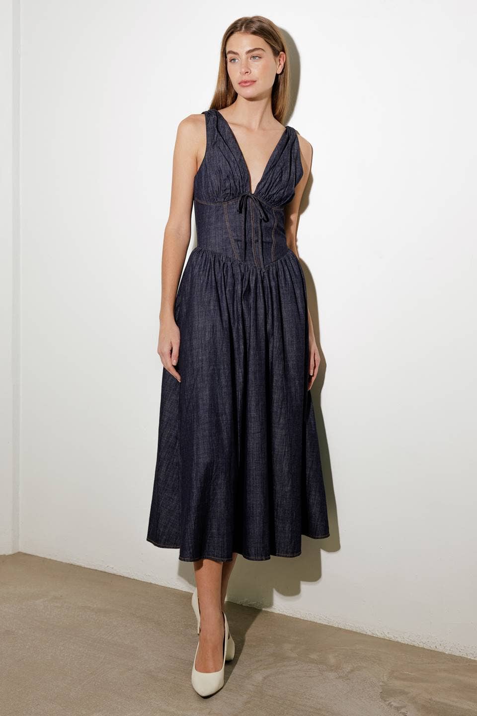 Dark Denim Plunge Midi Dress