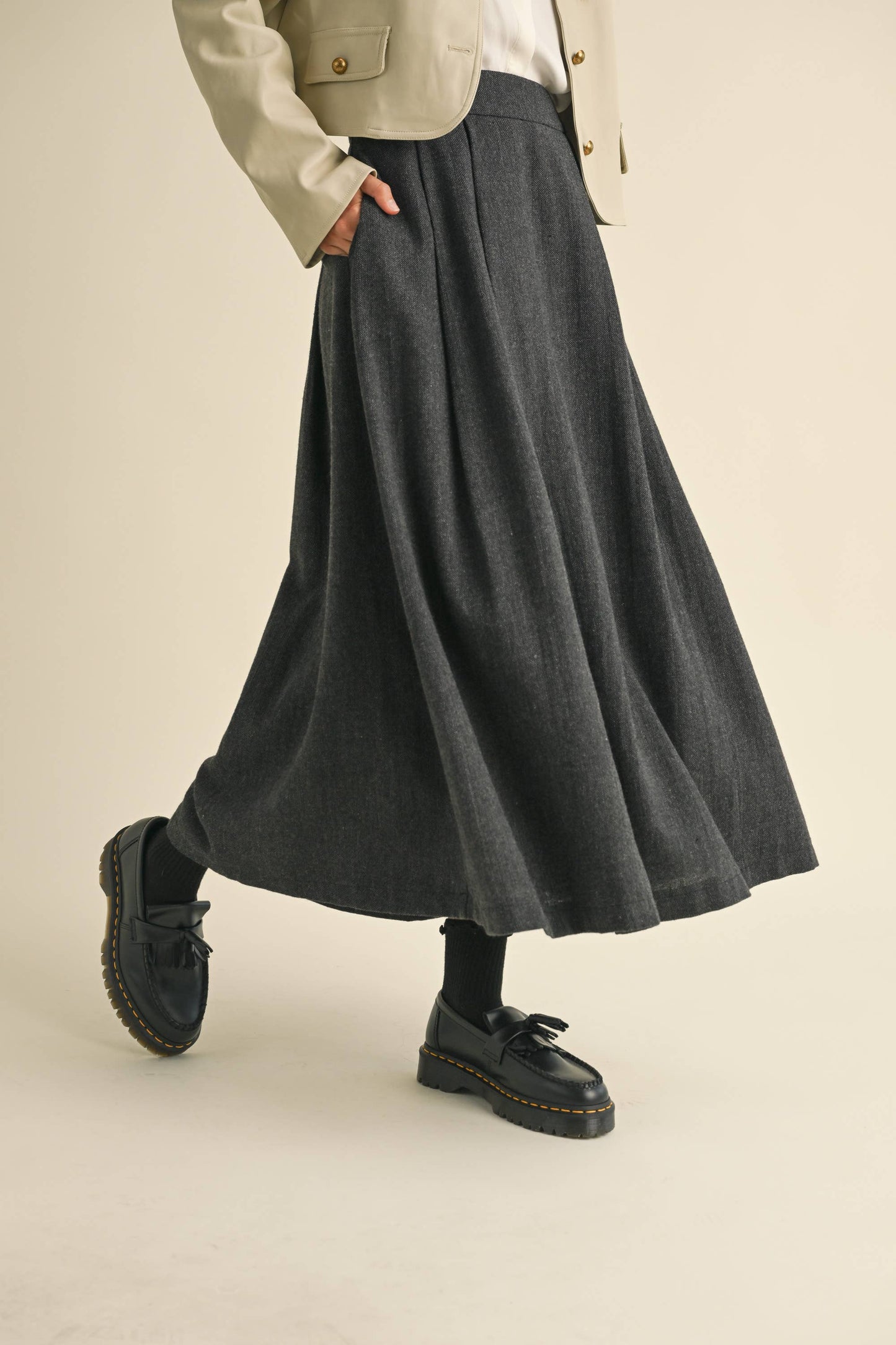 Gray Pleated Woven A Line Maxi Skirt