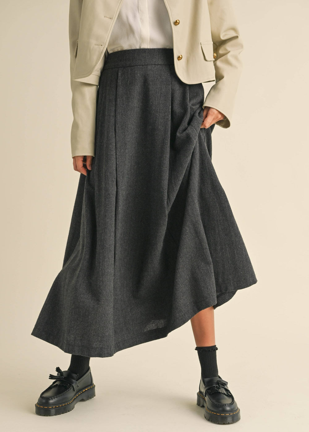 Gray Pleated Woven A Line Maxi Skirt