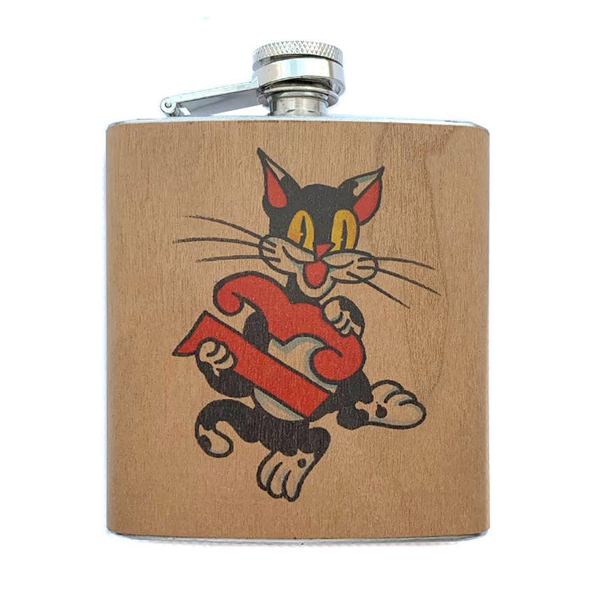 Wood Flask 6oz - Lucky Cat