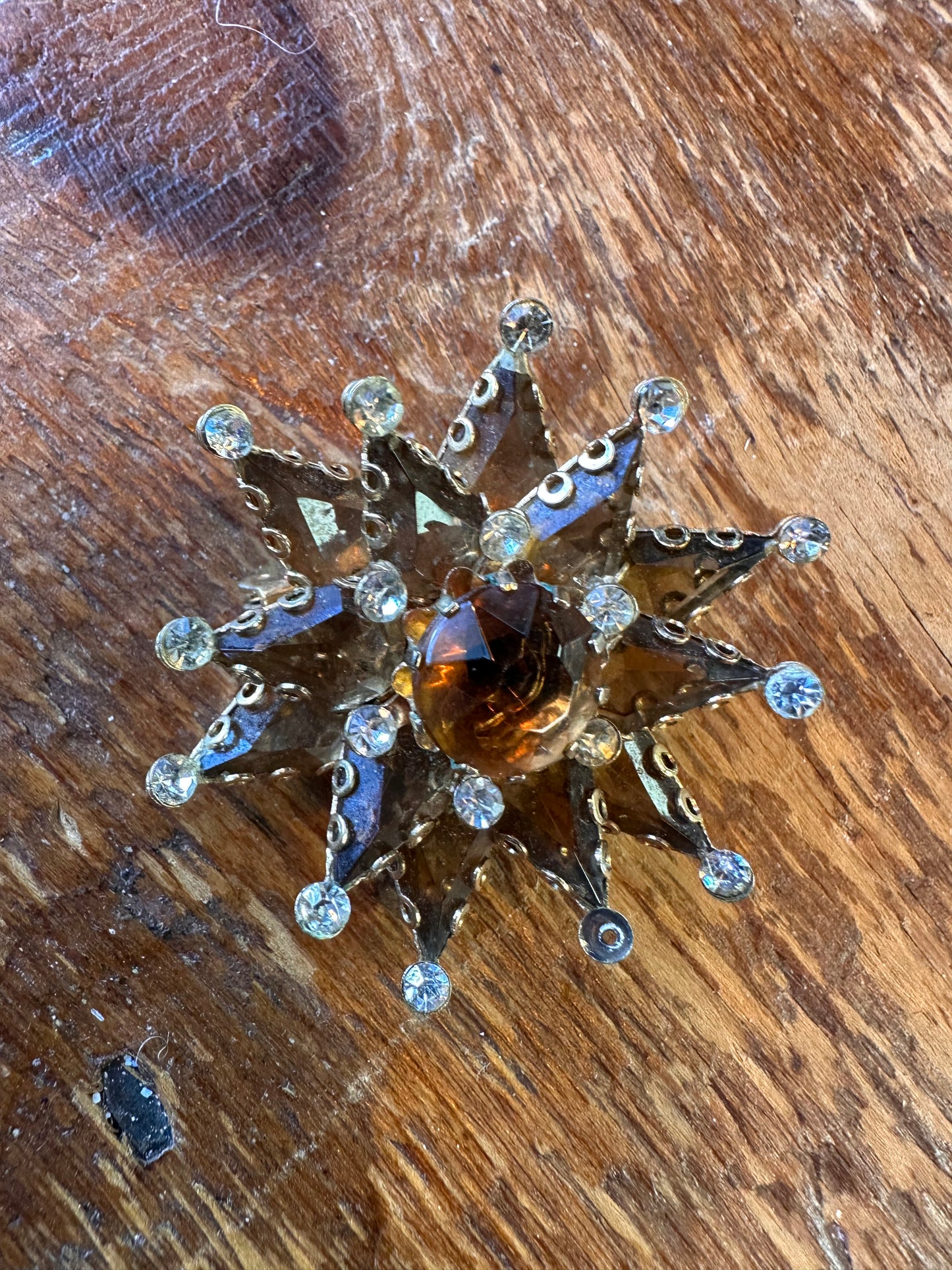 Vintage brown rhinestone flower brooch