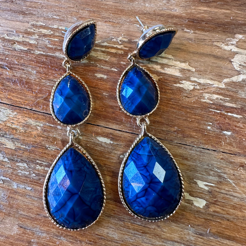 Blue three stone drop earrings