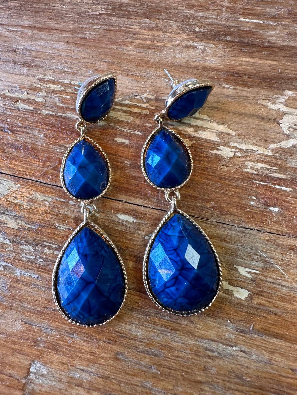 Blue three stone drop earrings