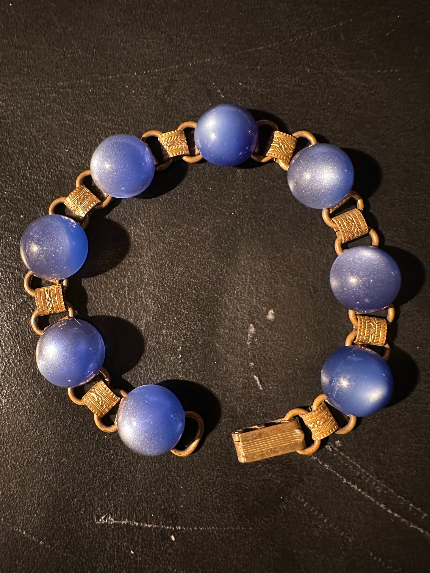 Vintage blue iridescent and gold tone bracelet