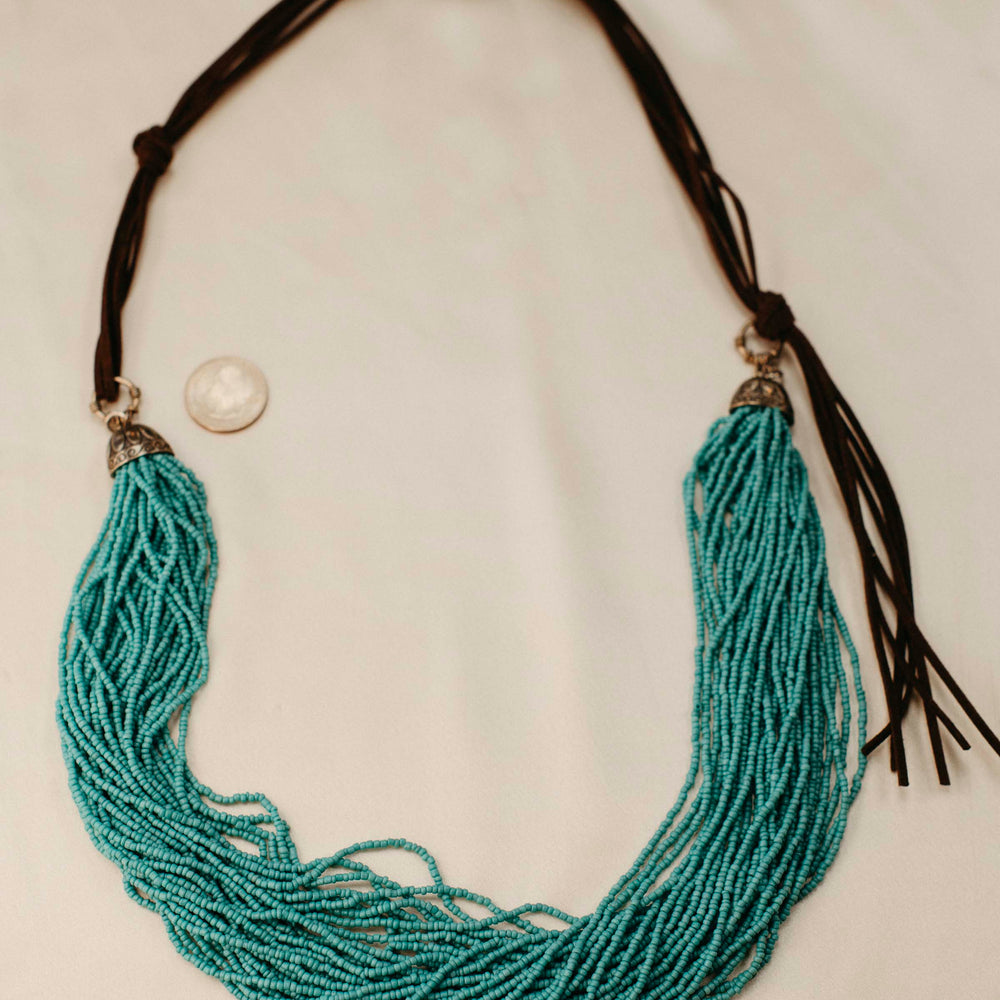 Vintage Turquoise Beaded and Brown Leather Necklace