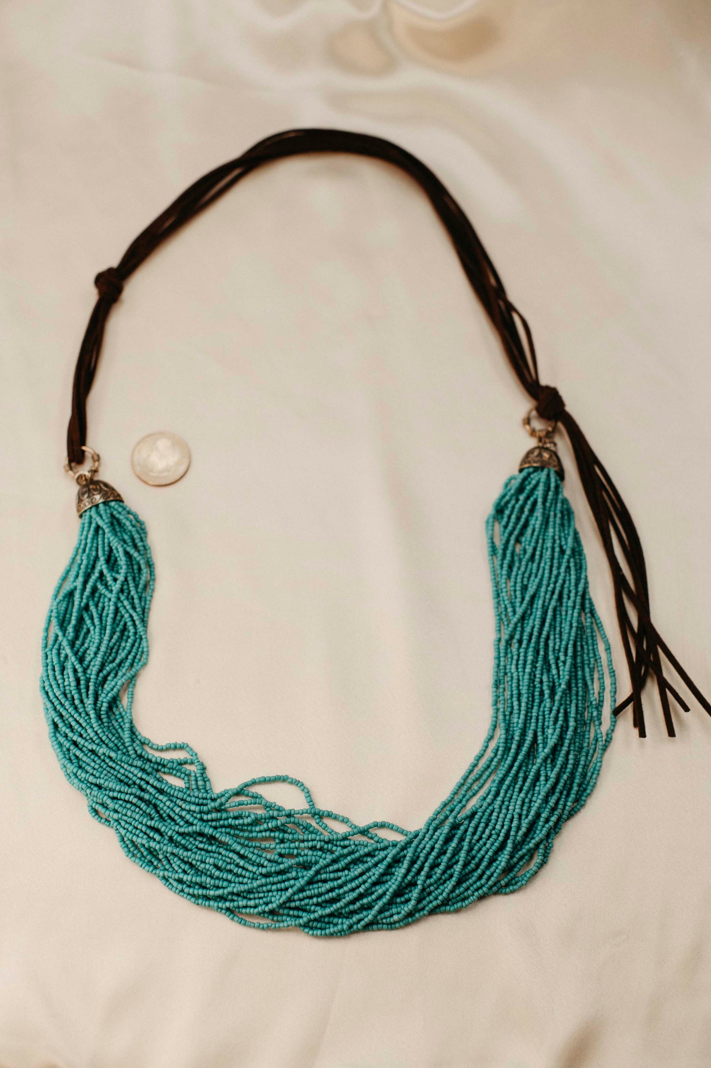 Vintage Turquoise Beaded and Brown Leather Necklace