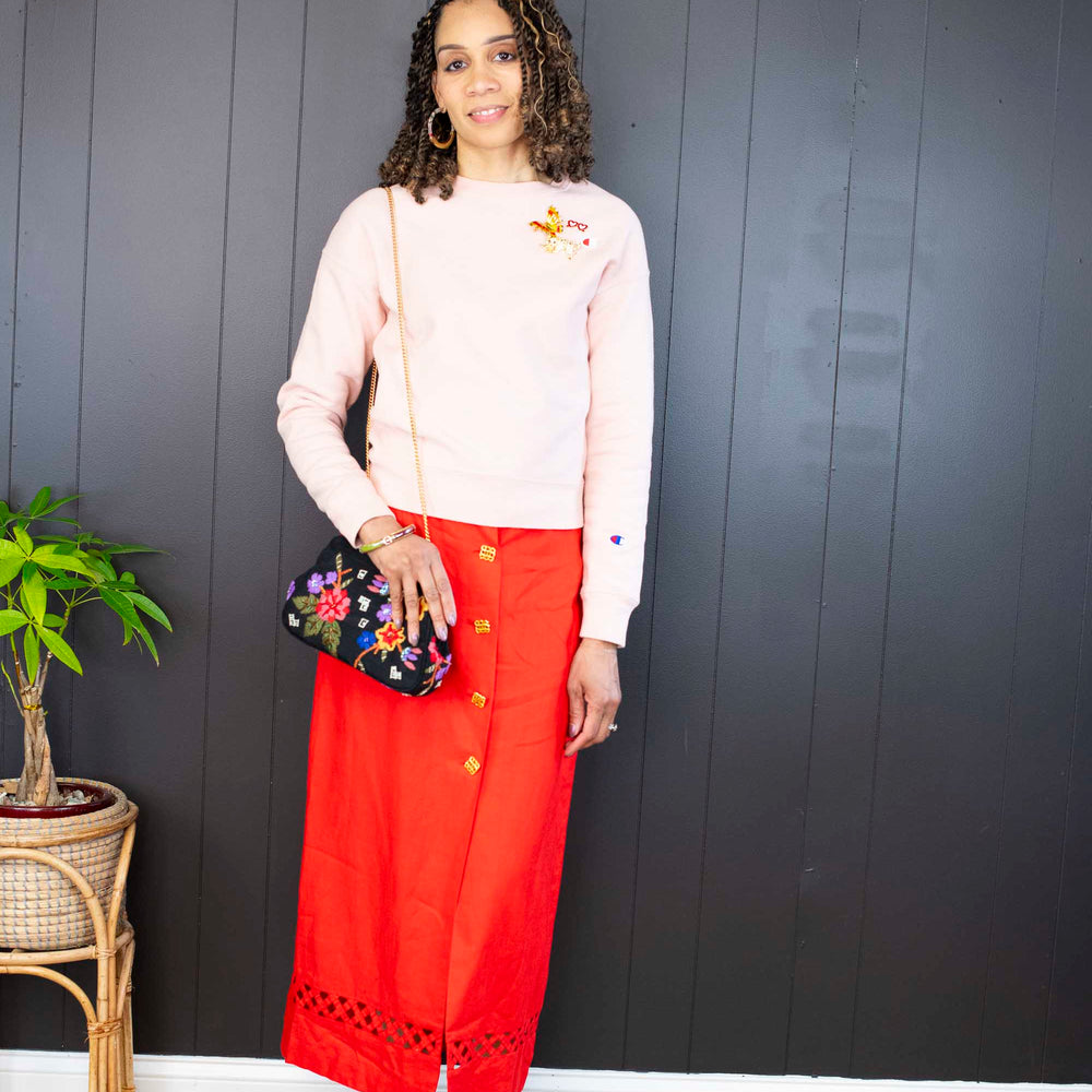 Vintage Red Linen Skirt With Gold Buttons - Size L