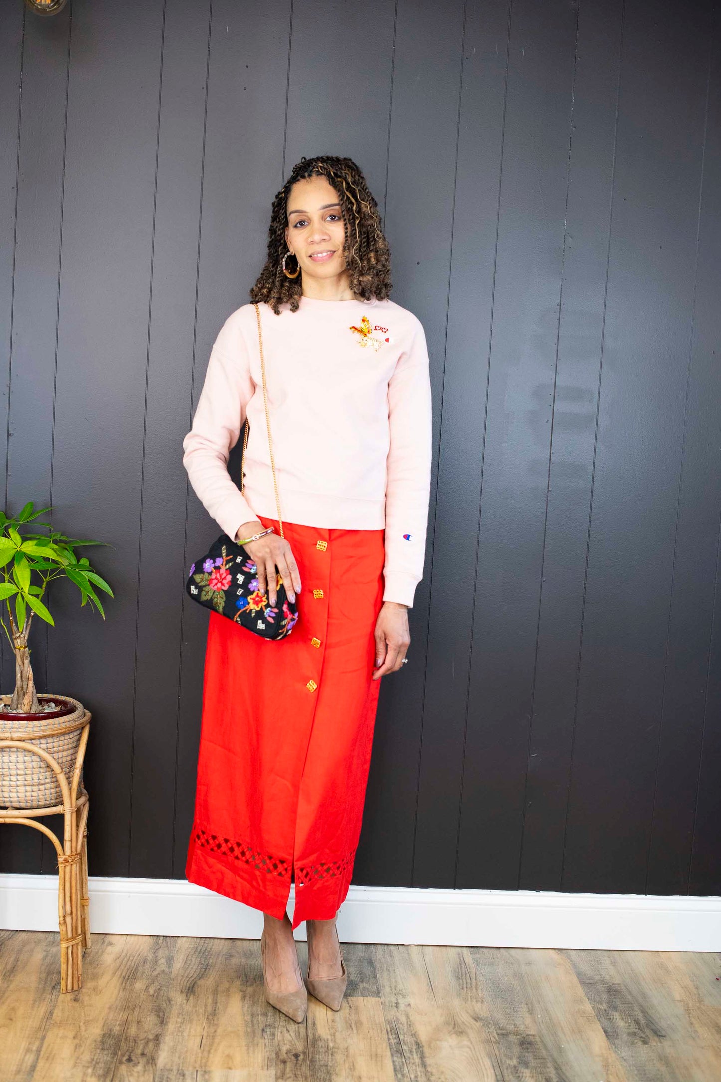 Vintage Red Linen Skirt With Gold Buttons - Size L