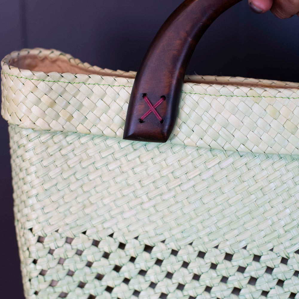 
                      
                        Vintage Handwoven Straw Tote Bag with Wooden Handles
                      
                    