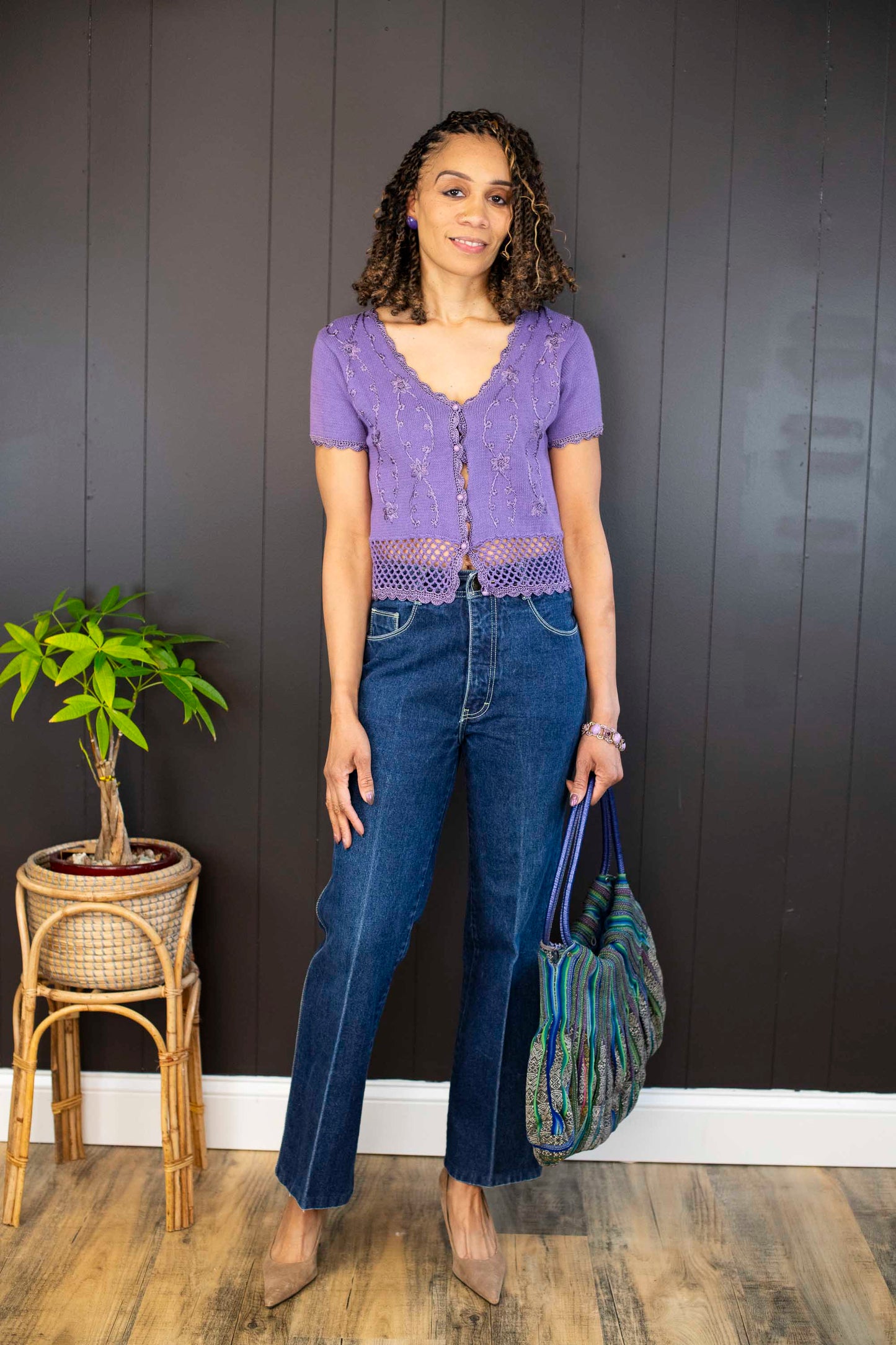 Pre-loved Lavender Knit/Crocheted Cardigan - Size S