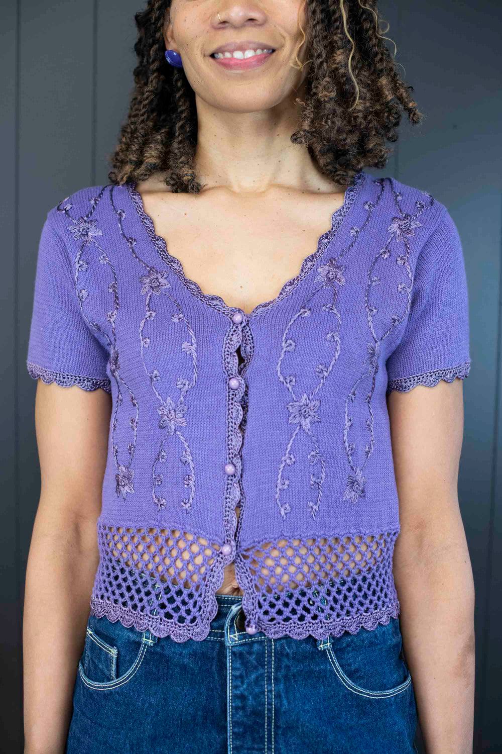 Pre-loved Lavender Knit/Crocheted Cardigan - Size S