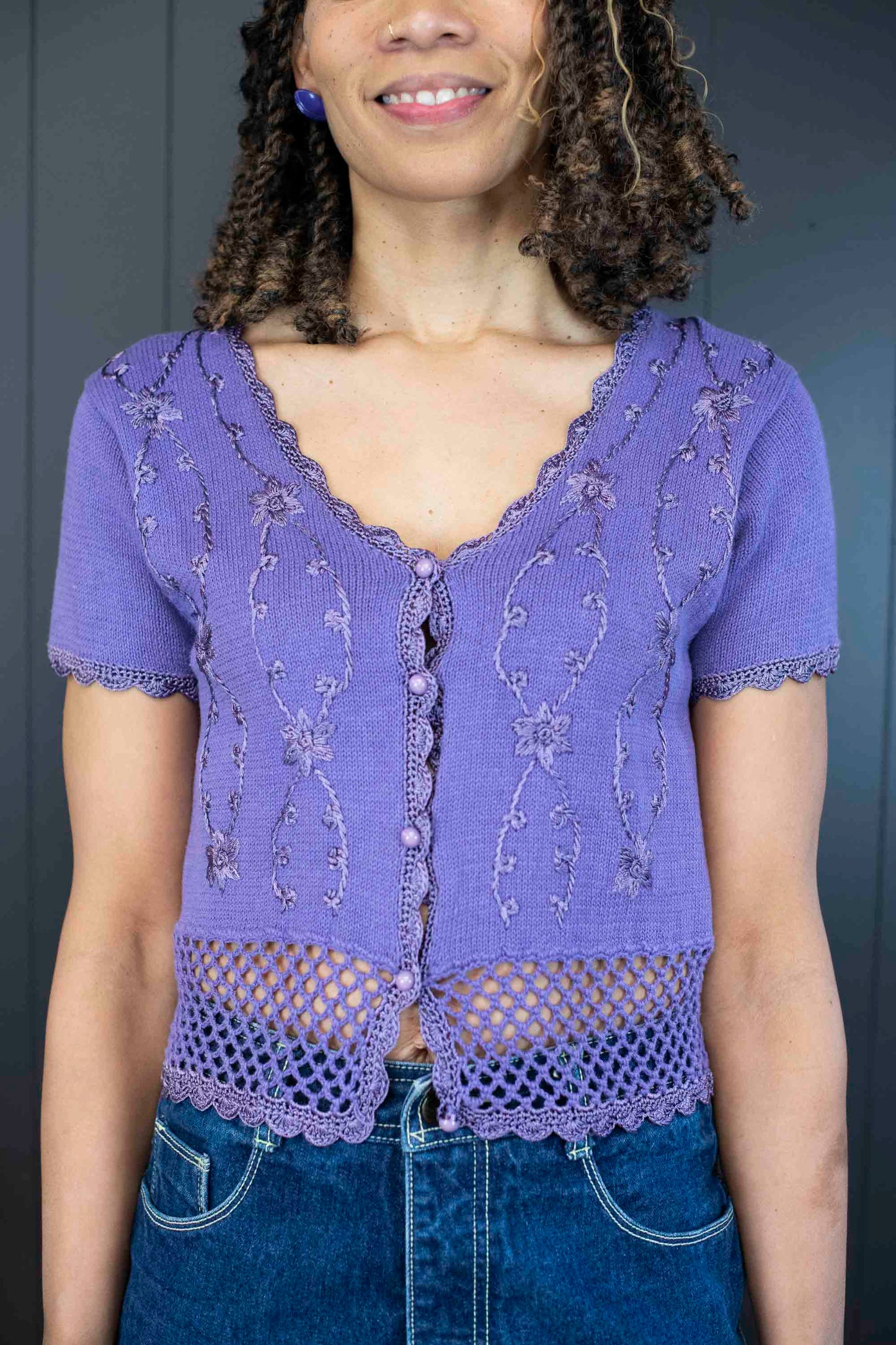 Pre-loved Lavender Knit/Crocheted Cardigan - Size S