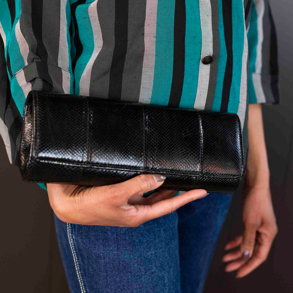 Vintage Black Snakeskin Leather Clutch