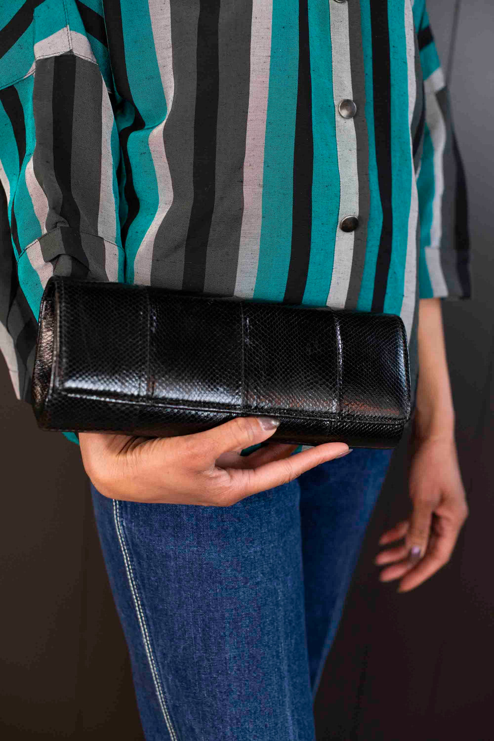 Vintage Black Snakeskin Leather Clutch