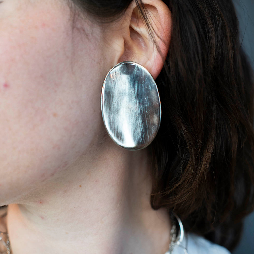 Brushed Silver Oval Clip-On Earrings