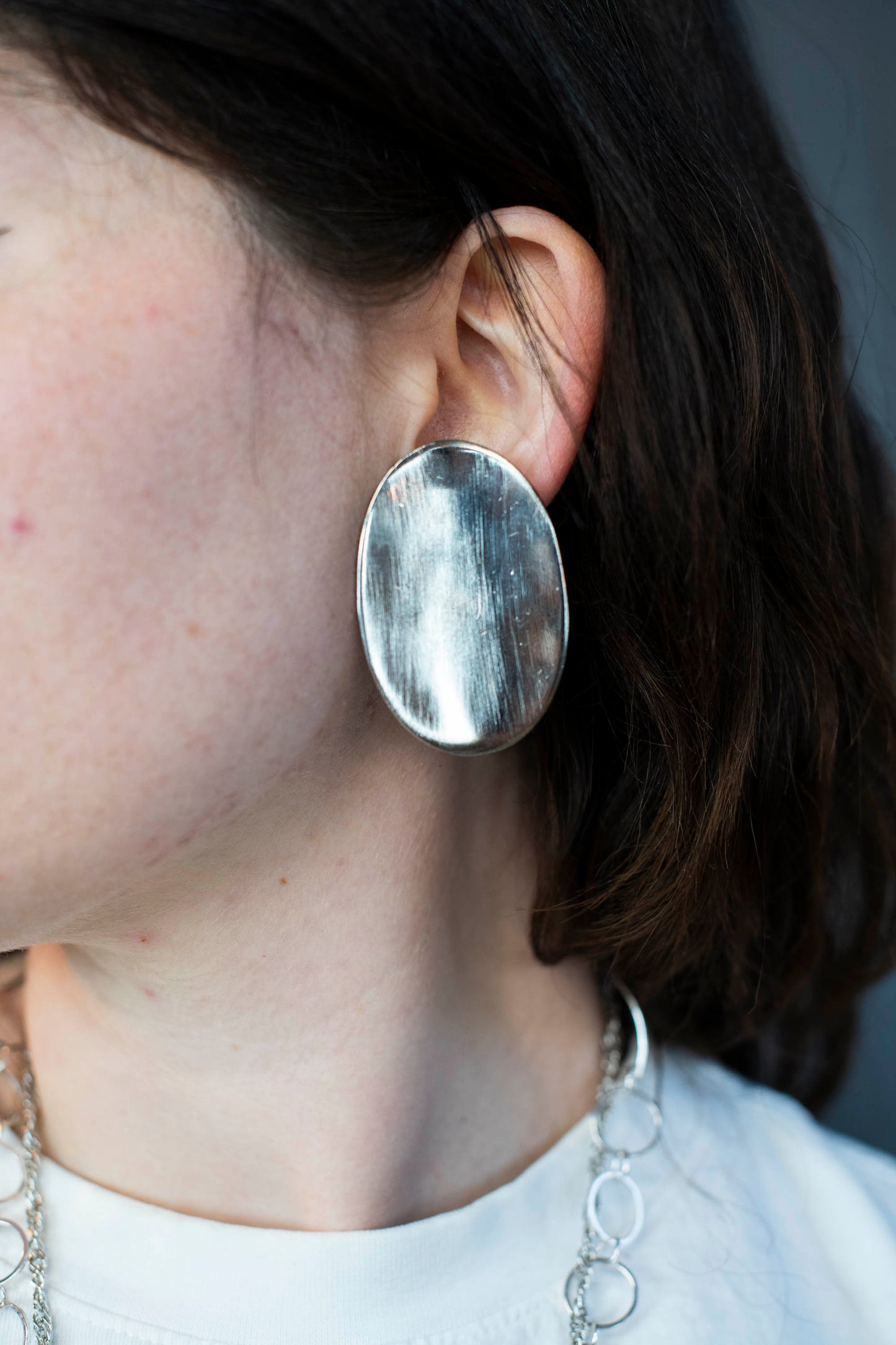 Brushed Silver Oval Clip-On Earrings