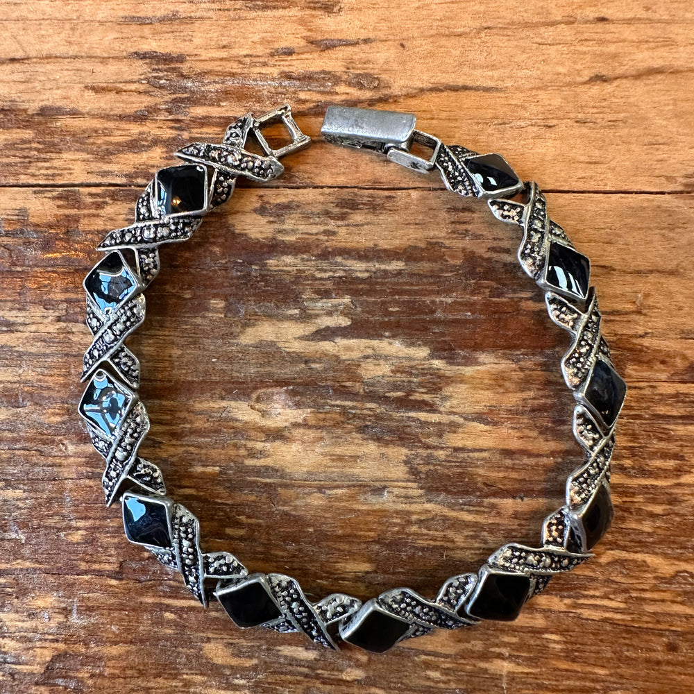 Vintage black and silver tone, geometric tennis bracelet