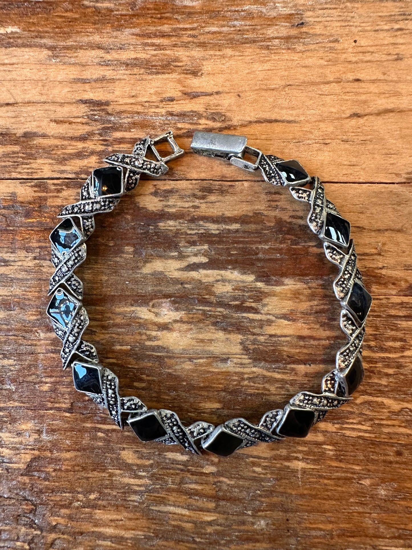 Vintage black and silver tone, geometric tennis bracelet