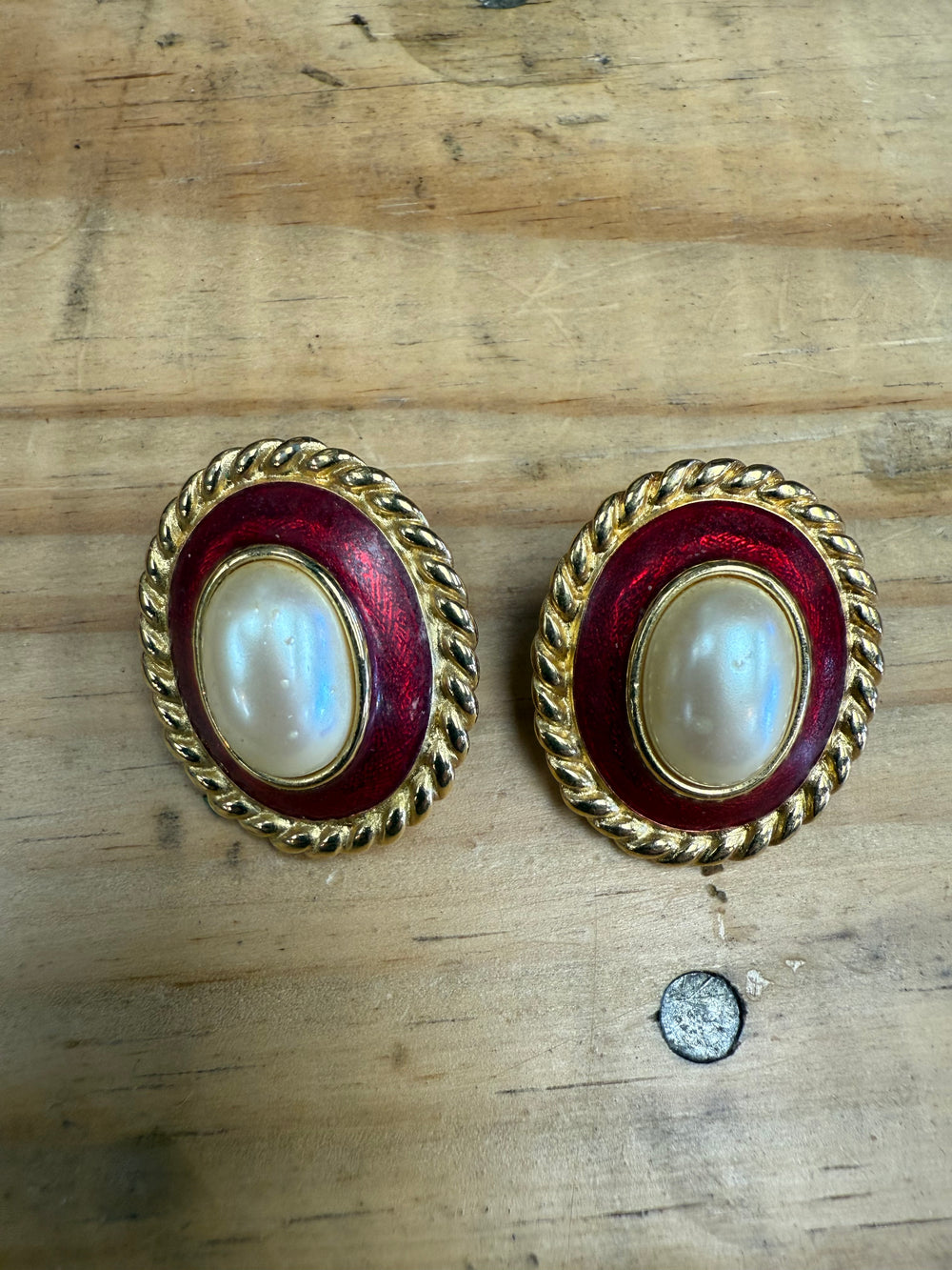 Vintage Red Enamel Pearl Earrings