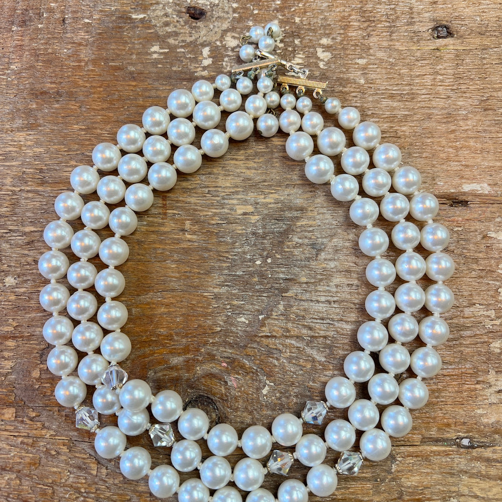 Vintage pearl and crystal three strand necklace