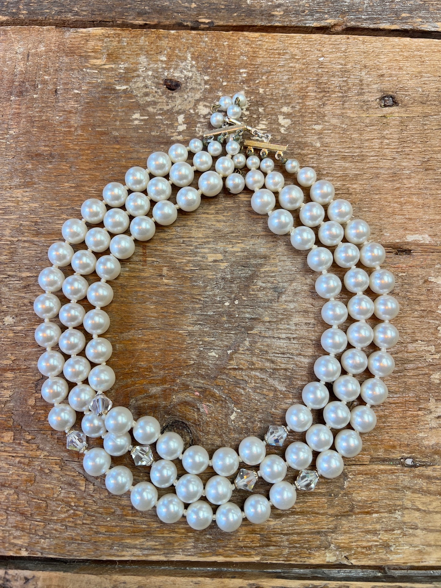 Vintage pearl and crystal three strand necklace