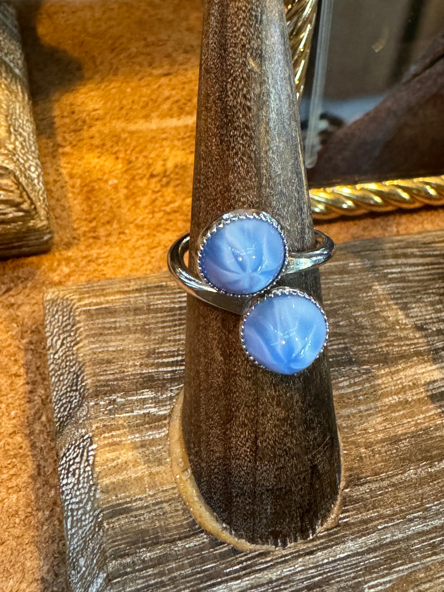 Vintage Silver Ring with 2 Milky Blue Stones