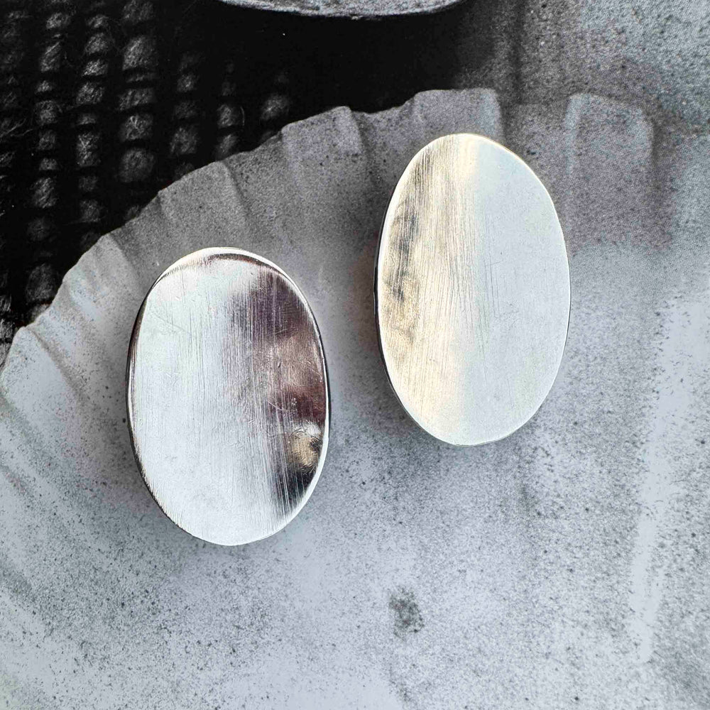 Brushed Silver Oval Clip-On Earrings