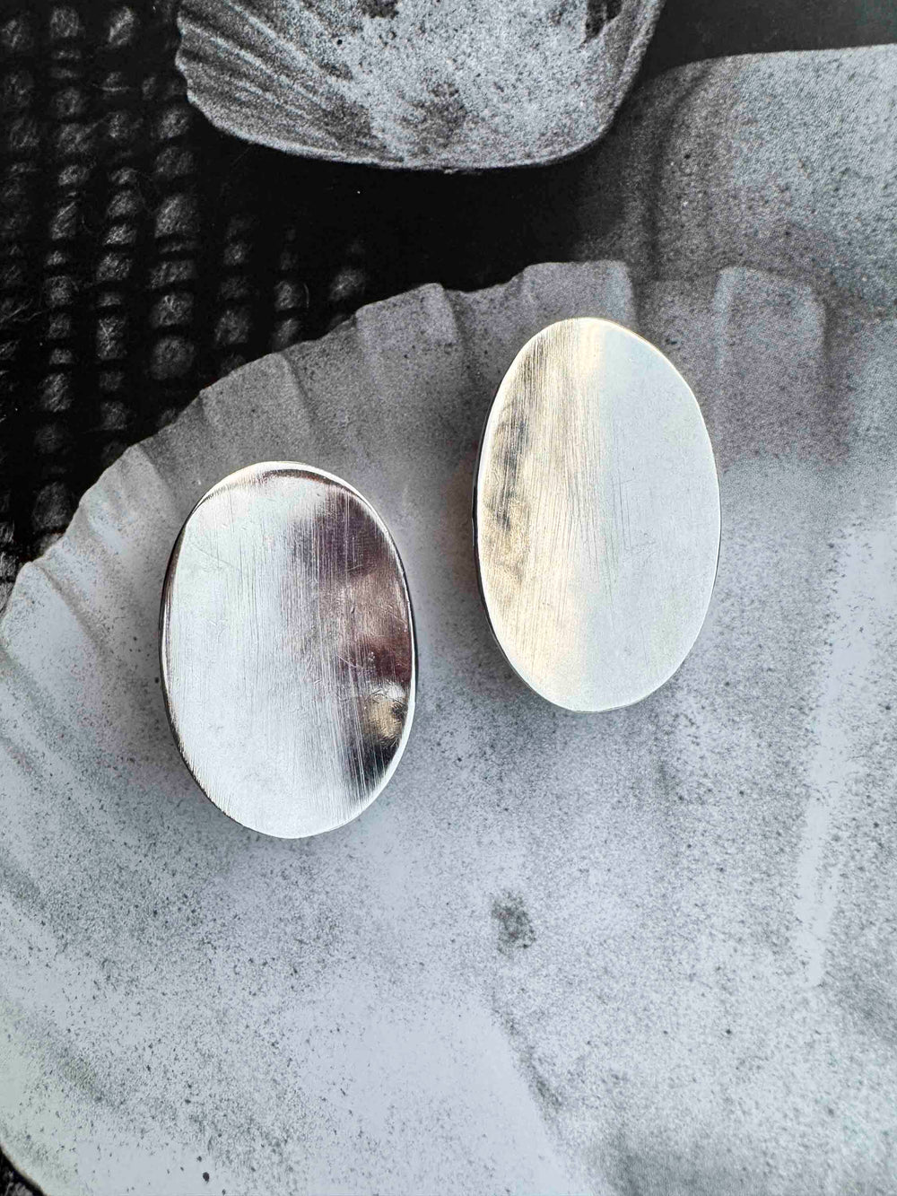 Brushed Silver Oval Clip-On Earrings