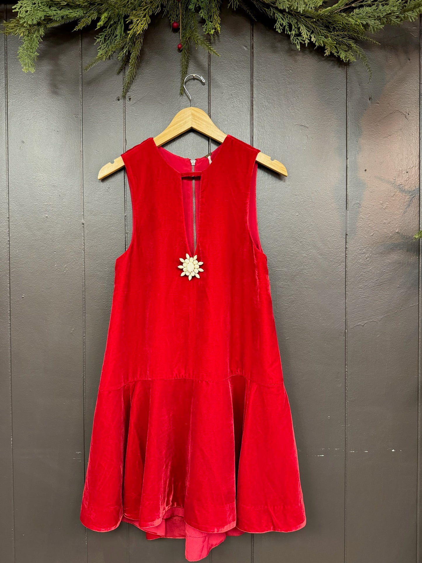 Mode Edit: Vintage Red Velvet Holiday Dress with Brooch