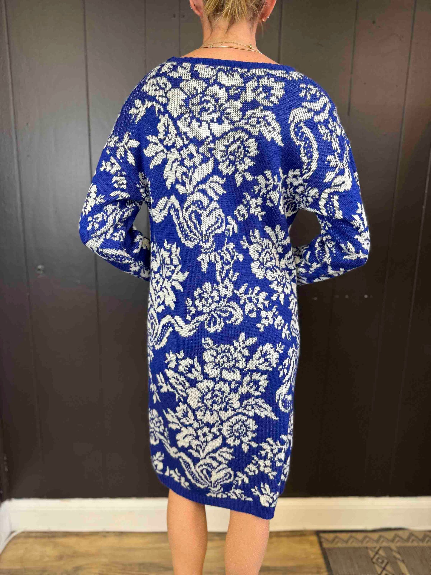 Mode Edit: Vintage Blue and White Floral Sweater Dress, Size S