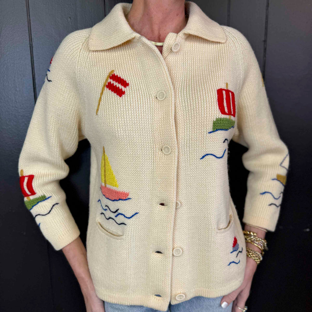 
                      
                        Vintage Dorce Sailboat Cream Button Up Sweater - Size M
                      
                    