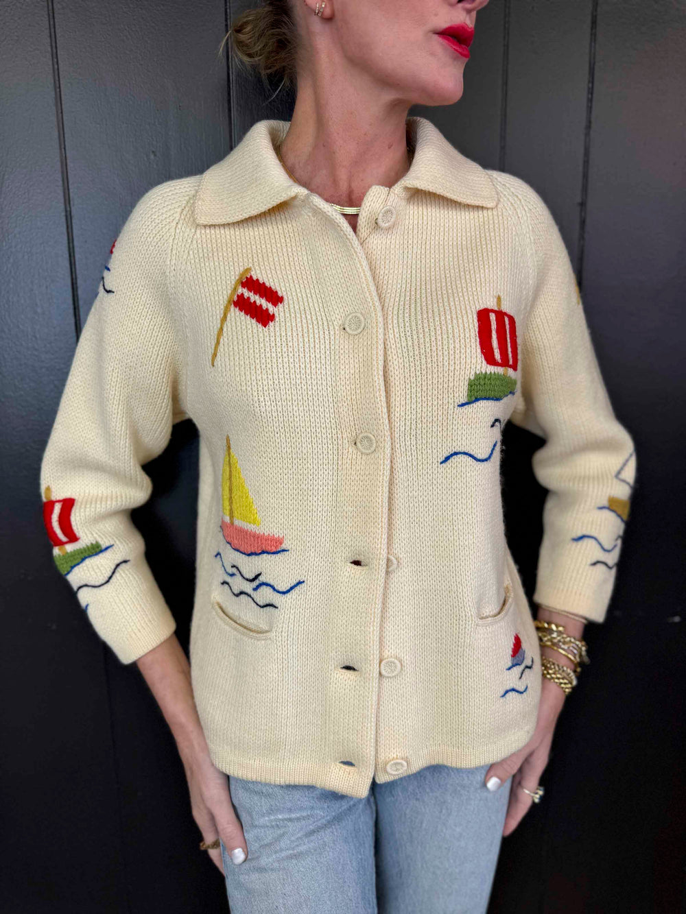 Vintage Dorce Sailboat Cream Button Up Sweater - Size M