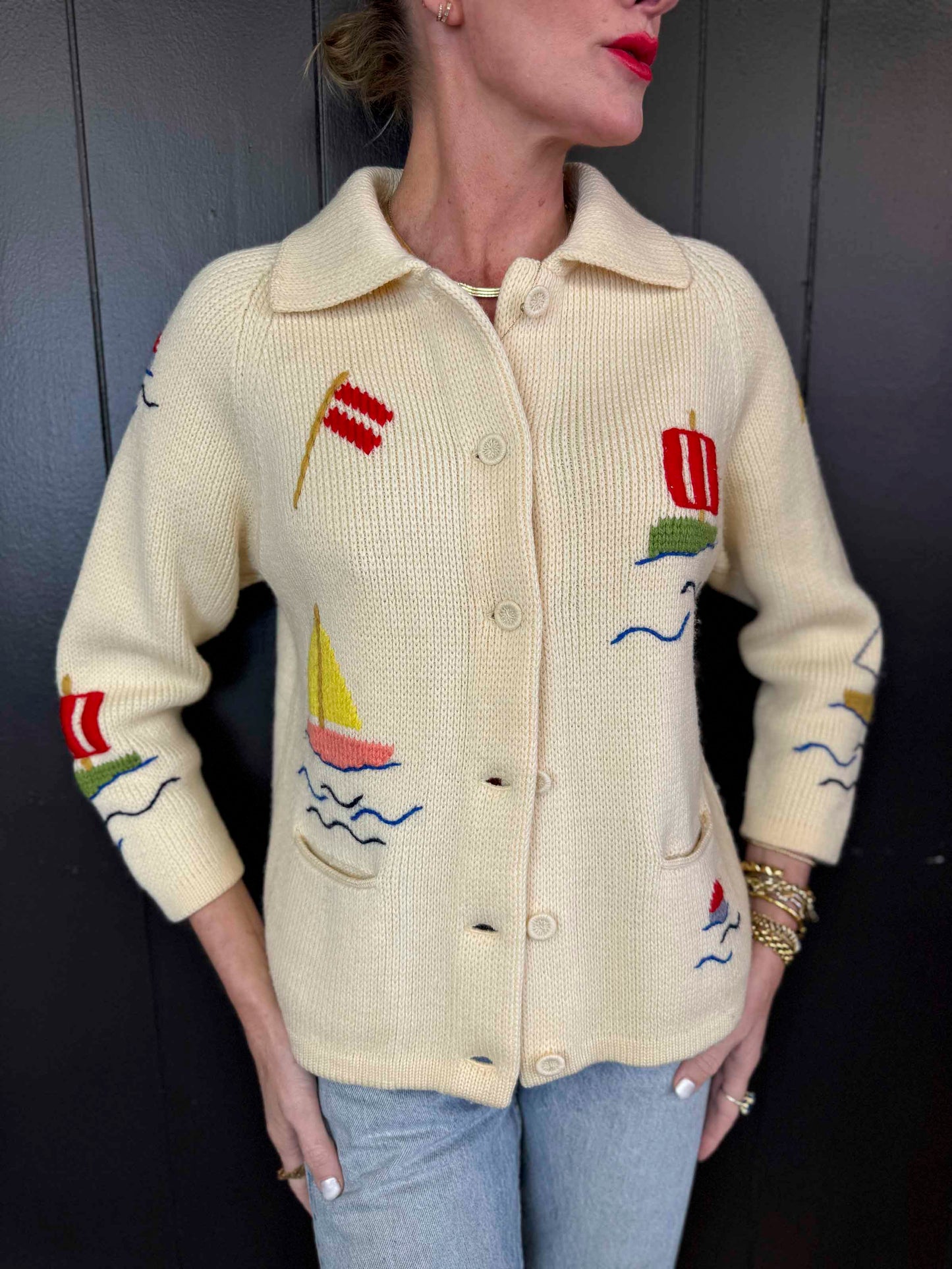 Vintage Dorce Sailboat Cream Button Up Sweater