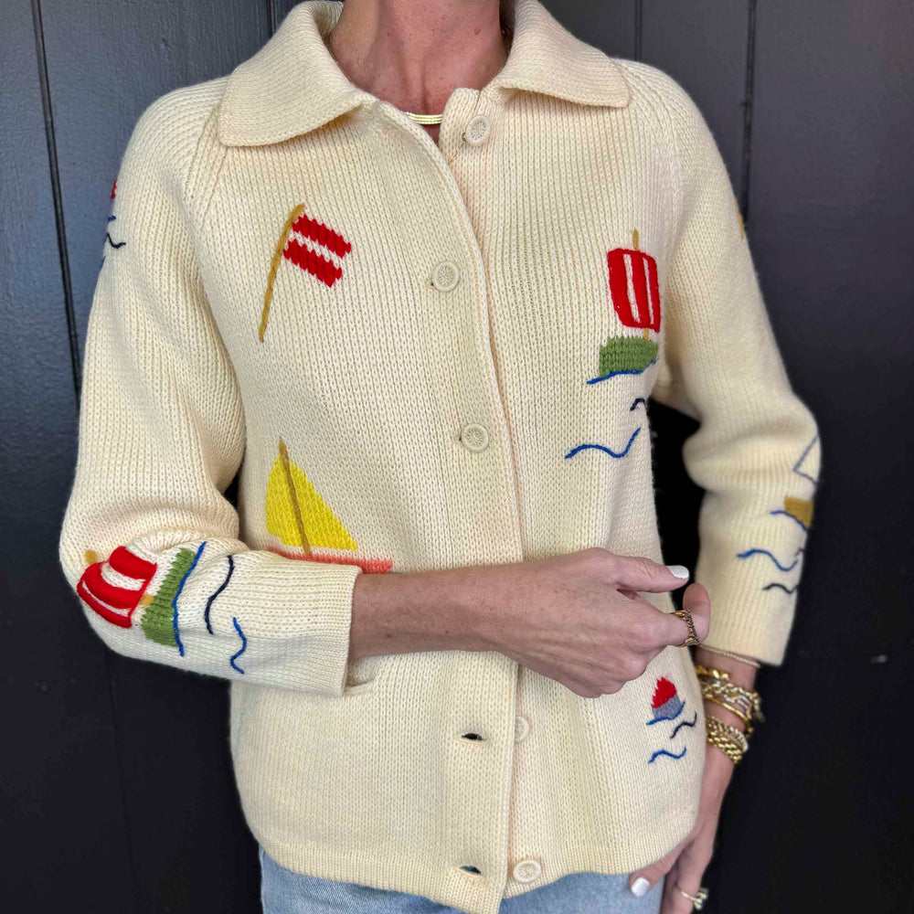 
                      
                        Vintage Dorce Sailboat Cream Button Up Sweater - Size M
                      
                    