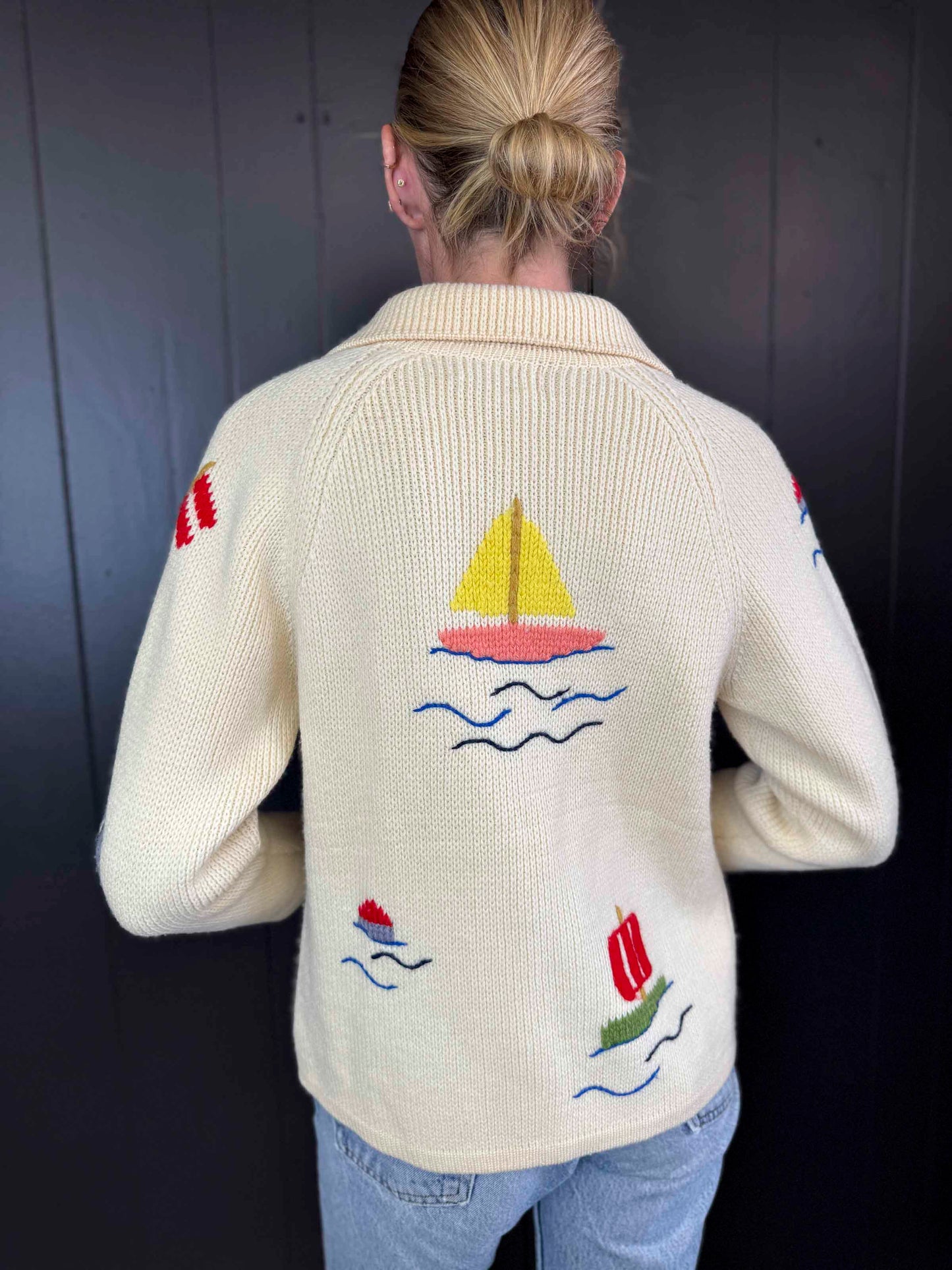 Vintage Dorce Sailboat Cream Button Up Sweater