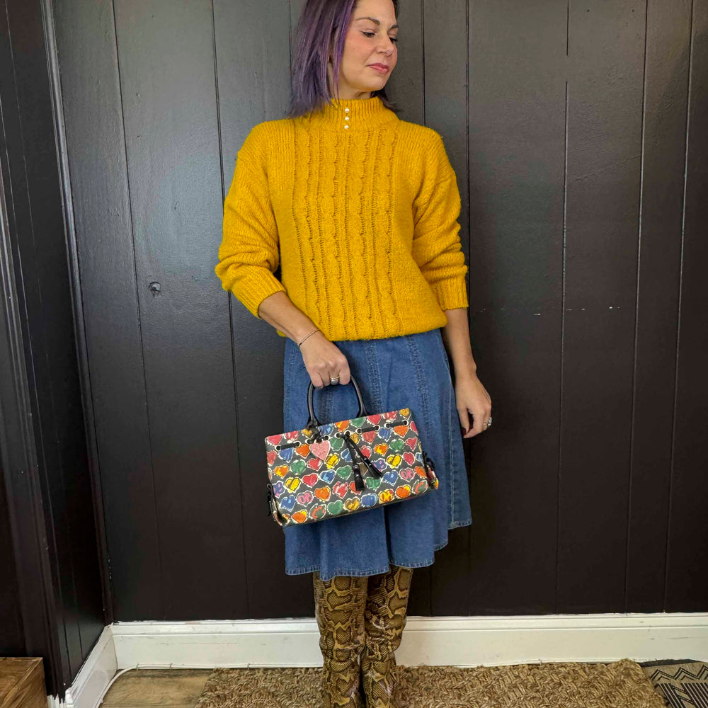 Vintage Mustard Sweater with Pearl Neck, Size M