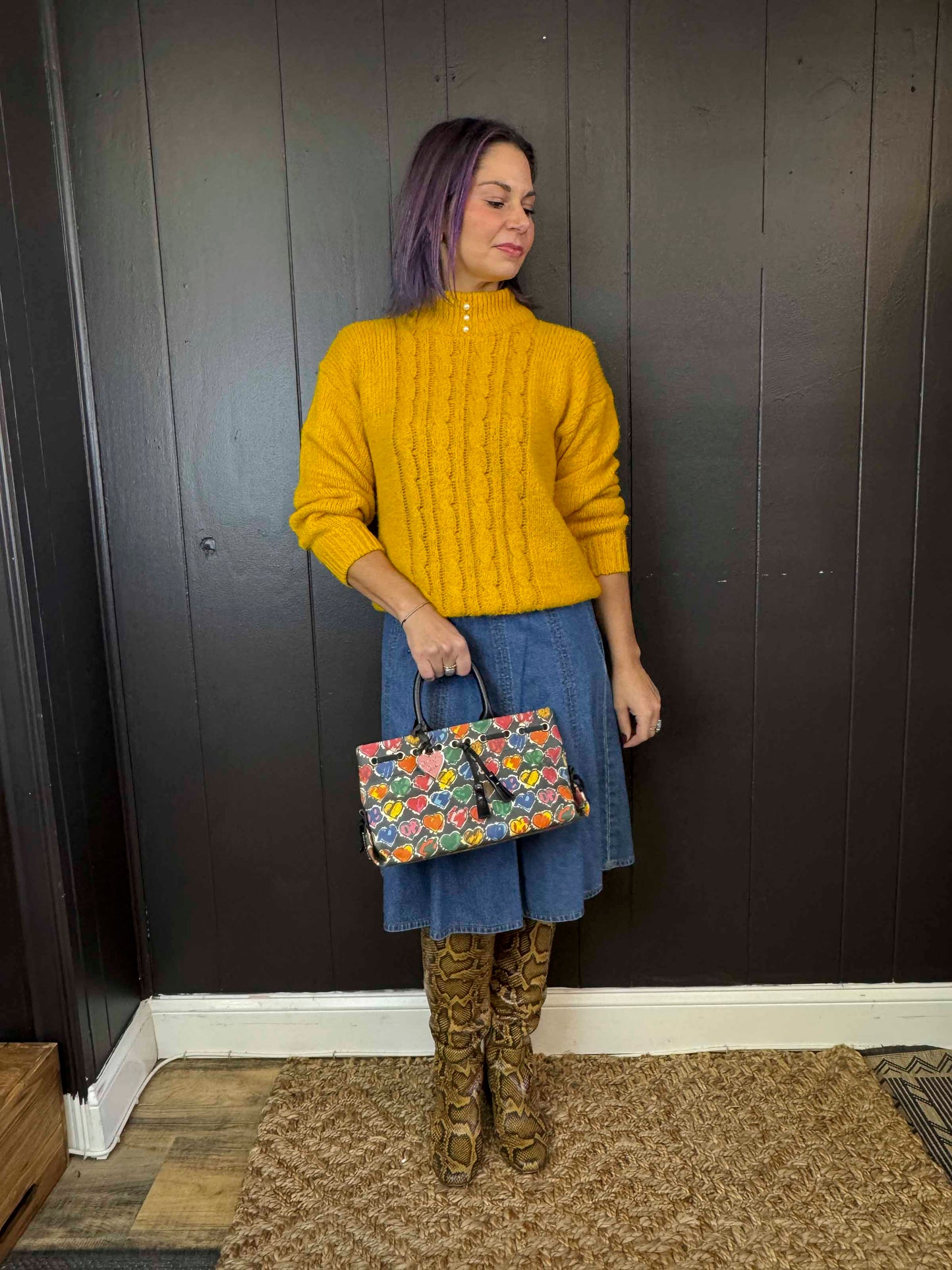 Vintage Mustard Sweater with Pearl Neck, Size M