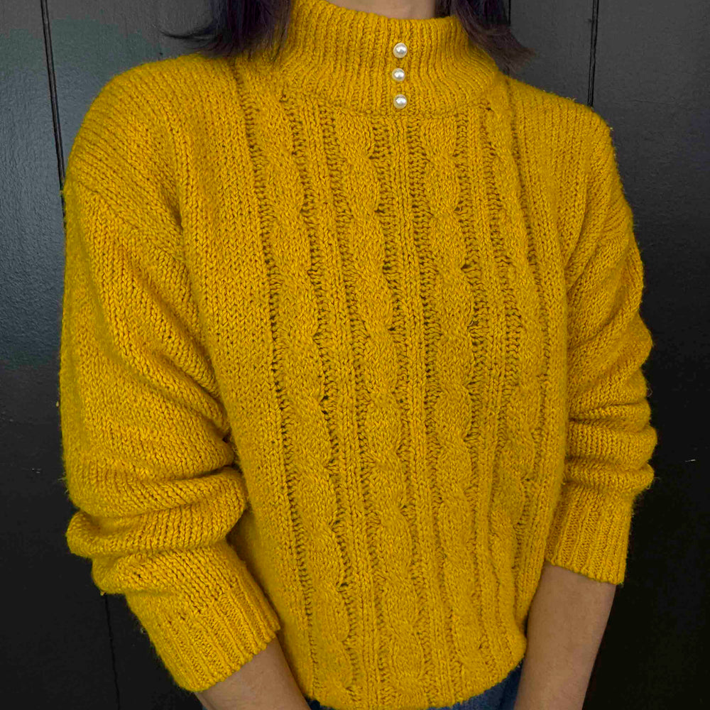 Vintage Mustard Sweater with Pearl Neck, Size M