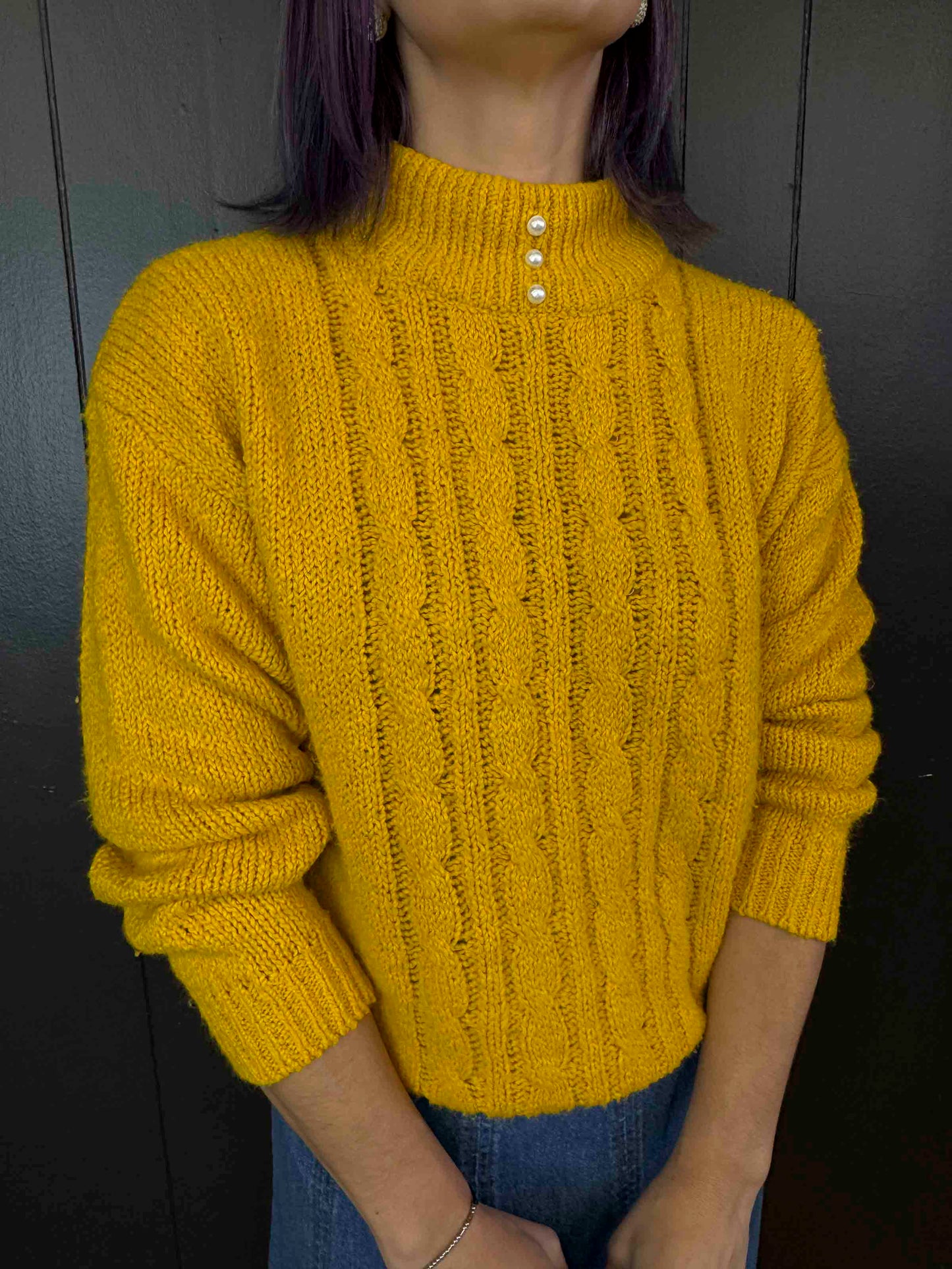 Vintage Mustard Sweater with Pearl Neck, Size M